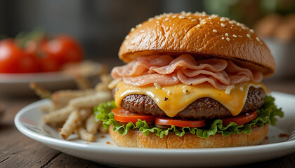 A picture of a hamburger full of vegetable ham and cheese