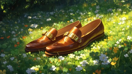 Brown Leather Loafers Resting In Sunny Meadow