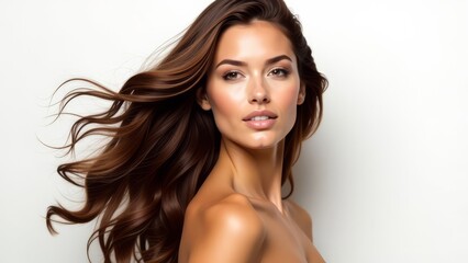 Obraz premium Beauty brunette girl with long and shiny wavy hair . Beautiful woman model with curly hairstyle shine and volume in white dress in shiny white background, hair care products and luxury salons.