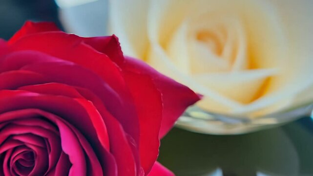 Extreme close-up video of a red and a white rose, top-down, soft lighting, shallow depth of field