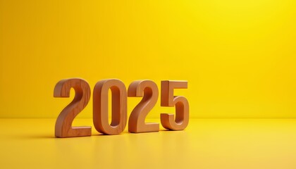 Stylish wooden numbers 2025 on a vibrant yellow background.