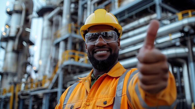 Portrait of factory worker or contractor holding thumbs up in petrochemical industrial refinery.