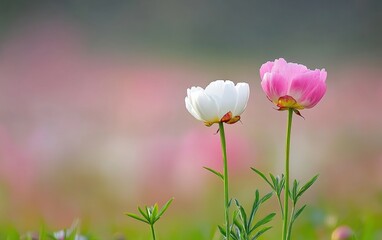 Fototapeta premium Soft-focus background of pink and white tulips