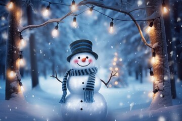 Snowman wearing blue and white striped scarf and top hat, smiling in snowy forest at night with christmas lights