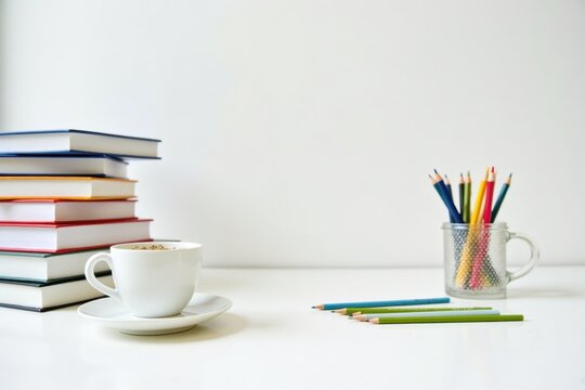 A minimalist workspace featuring towering stacks of new books, a stylish coffee cup, and a few colorful pencils on a pristine white table.