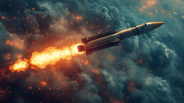 Space rocket launching through stormy clouds with fiery thrust, depicting aerospace advancement