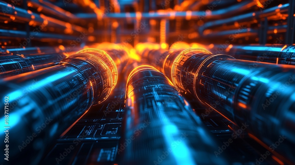 Poster service delivery processes displayed radiant pipelines glowing an abstract industrial background