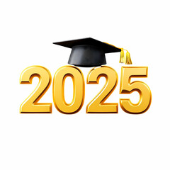 A graduation-themed 3D design of "2025" with a cap on top, isolated on a black background, presented in clipart style.