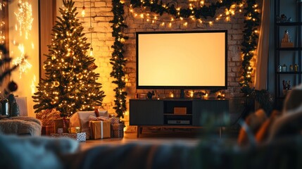 Obraz premium Cozy Christmas Eve Night: Christmas Tree, Presents, and a Blank TV Screen
