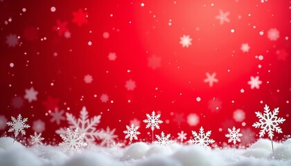 Snowflakes adorn a festive red backdrop, creating a magical winter scene.