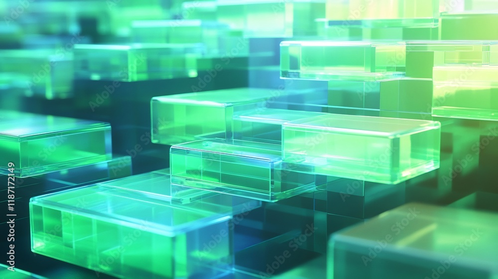 Poster scaling visualized ascending translucent platforms glowing shades of green and blue in an abstract 3
