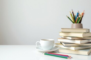 A sleek white desk featuring large piles of contemporary books, a coffee cup, and a mix of colored pencils. The clean and bright backdrop emphasizes a modern approach to education and self-improvement