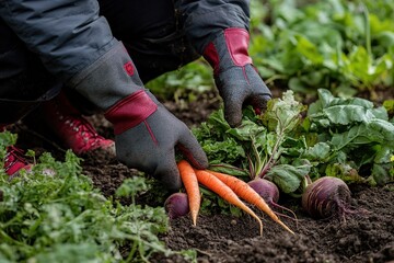 Fototapeta premium Harvesting Fresh Carrots and Beets in a Vegetable Garden