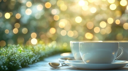 Fototapeta premium White Teacups Resting Beside Delicate White Flowers