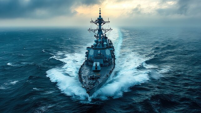 Navy destroyer cutting through stormy ocean waves.