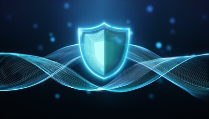 Digital security image with glowing neon waveforms forming a protective barrier that blocks data flow