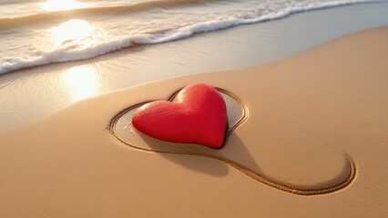 Heart drawn on a beach, soft waves and golden hour light highlighting the sand’s texture