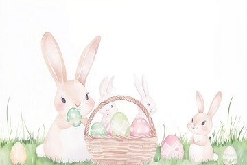 Obraz premium Cute rabbits with Easter eggs in a vibrant, playful setting.