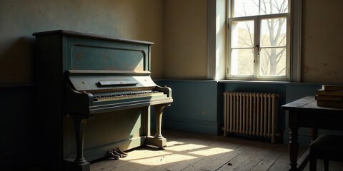A weathered upright piano bathed in sunlight sits silently in a room with aged walls and a window overlooking a tranquil landscape, conveying a sense of forgotten melodies and stories.