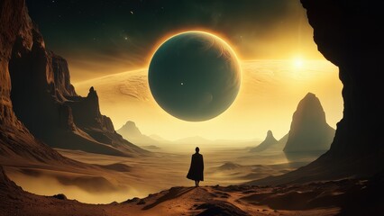 Surreal desert landscape with giant planet and lone figure. Atmospheric digital art, fantasy scenery, otherworldly. Perfect for sci-fi, fantasy, or conceptual projects