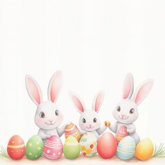 Obraz premium Playful rabbits decorating colorful Easter eggs.