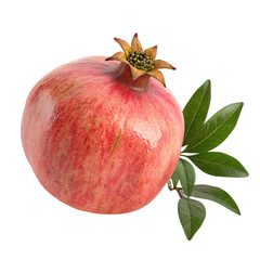 Single ripe pomegranate with green leaves, clean white background fruit for antioxidant-rich diet and product use