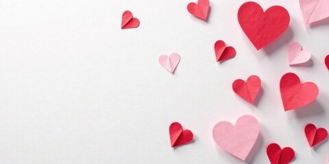 Lovely Pink and Red Paper Hearts Scattered on White Background, Perfect for Romantic or Festive Designs © Sumrit