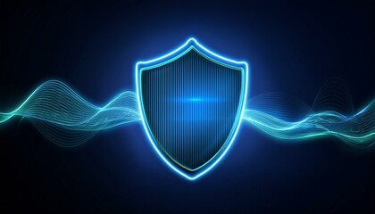 Fototapeta premium Digital security image with glowing neon waveforms forming a protective barrier that blocks data flow