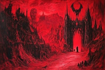 A gothic - inspired depiction of Satan standing at the gates of hell
