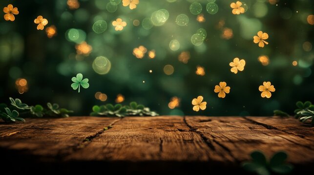 Golden and Green Shamrocks Falling on Wooden Table