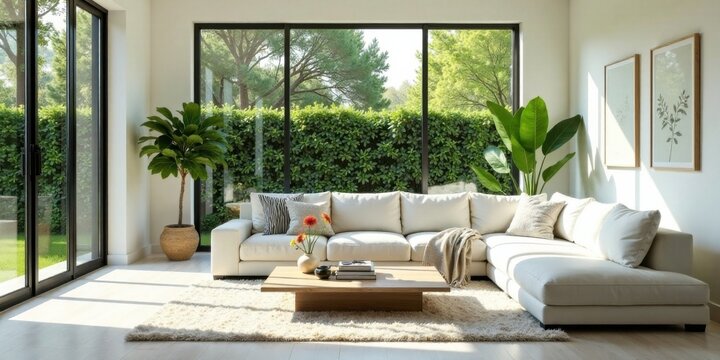 Modern Sectional Sofa in Sunlit Living Room with Lush Greenery and Natural Decor