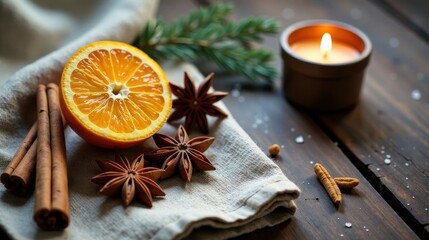 Aromatic Winter Spices and Citrus on Linen Cloth with a Burning Candle © Sumrit