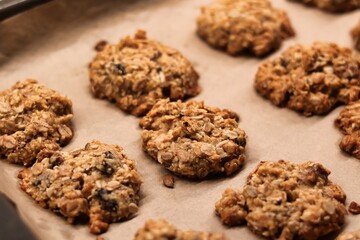 The process of preparing homemade oatmeal cookies - baked cookies placed on a baking tray lined with baking paper