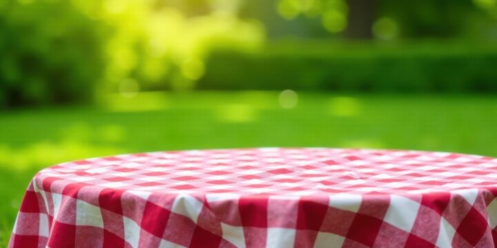 Red and white checkered tablecloth on a table outdoors in a park setting