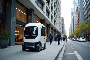 A sleek robotic delivery cart stops at a city apartment building, surrounded by modern skyscrapers. The scene is busy with pedestrians and cars on the street.