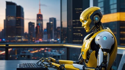 Yellow Humanoid Robots in Futuristic High-Tech Settings