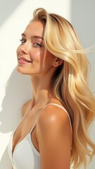 Obraz premium Beauty blonde girl with long and shiny wavy hair . Beautiful woman model with curly hairstyle shine and volume, perfect for hair care products and luxury salons.