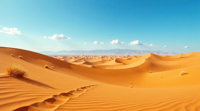 Vast Expanse of Golden Sands Under a Clear Azure Sky, Showing a Footpath Leading Through Rolling Dunes Towards Distant Mountains
