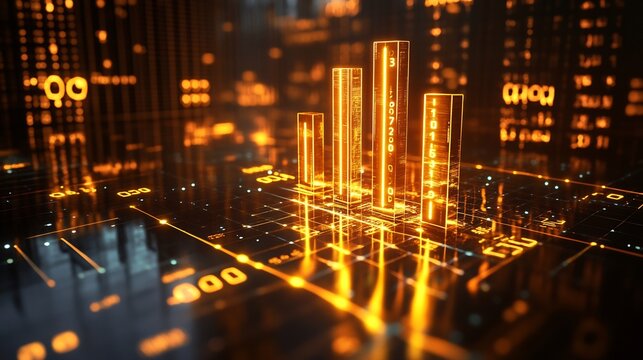 Roi graph displayed luminous golden bars rising a reflective surface surrounded by glowing numerical data