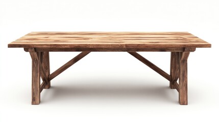 Rustic wooden dining table isolated on white background.