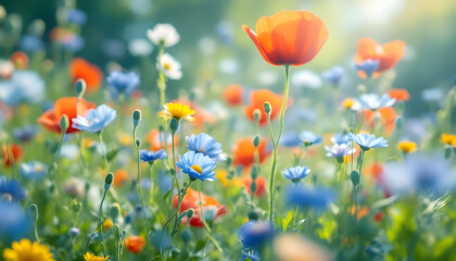 Vibrant Wildflower Meadow: Sunlit Poppies and Cornflowers in Impressionistic Style