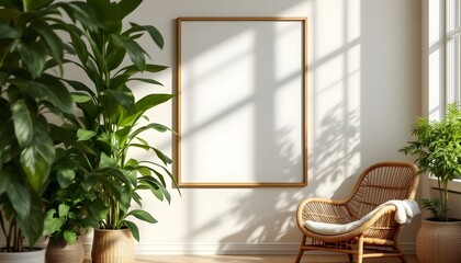 Marco A4 en la pared de una casa acogedora con silla de mimbre y plantas exuberantes. Concepto de hogar minimalista