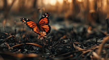 Obraz premium A butterfly resting on a lone flower surrounded by ash and burnt vegetation, symbolizing resilience after a fire.