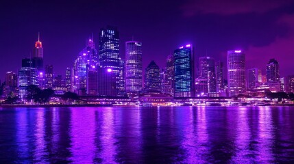 Obraz premium Vibrant Purple Cityscape Illuminates Night Skyline