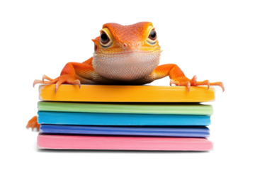 Colorful lizard on stack of vibrant books