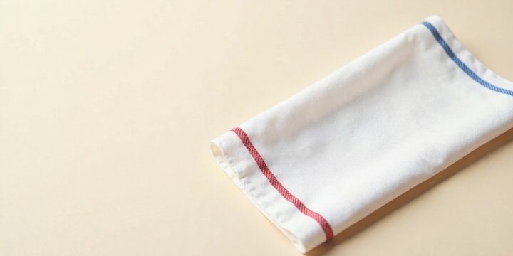 A neatly folded white linen tea towel with red and blue border detailing rests on a pale background