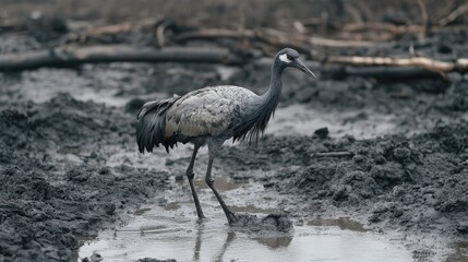 Fototapeta premium A crane wading through a shallow, ash-filled wetland, its legs blackened by wildfire residue.
