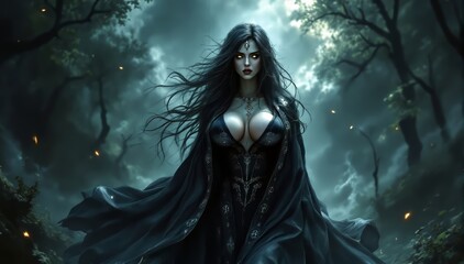 Fototapeta premium Mysterious dark-haired woman in a flowing black gown, exuding an enchanting aura.