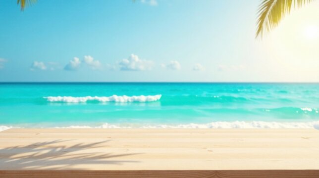 Serene Coastal View with a Wooden Surface Perfect for Summer Product Displays