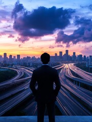 Urban Crossroads Decision - Man, city skyline, sunset, crossroads, future choices. Symbolizing ambition, opportunity, challenge, uncertainty, and progress.